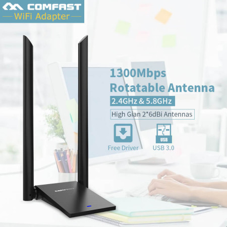 COMFAST CF-WU782AC 5.8GHz USB 3.0 WiFi 1300Mbps 802.11ac Long Distance Adapter WIFI Receiver high-gain Antenna 2*6dBi  Dual Band